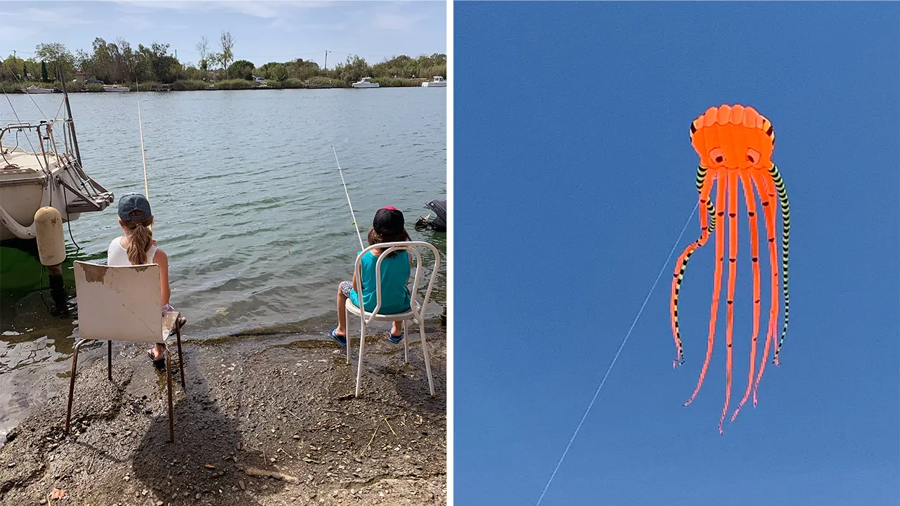 Pêche en famille et cerfs-volants au bord de l'eau